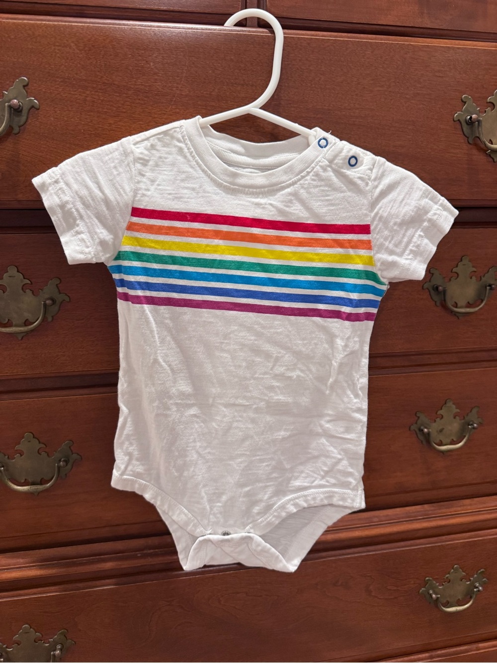 9-12 mo Primary White Bodysuit with Rainbow Stripe Chest